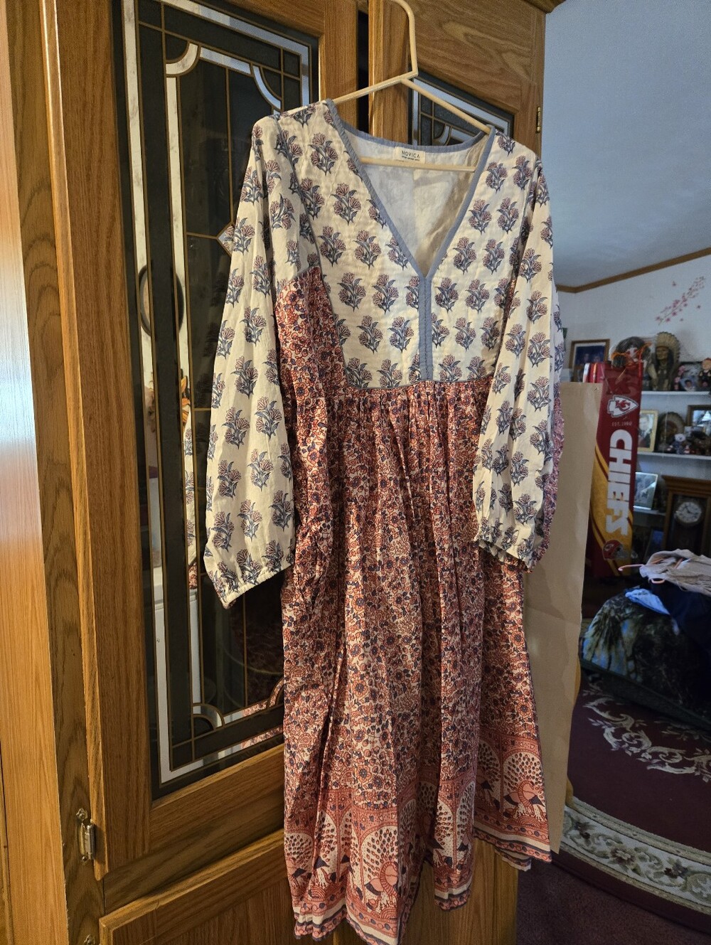Mixed Print V-Neck Long Sleeve Maxi Dress in Cream and Rust